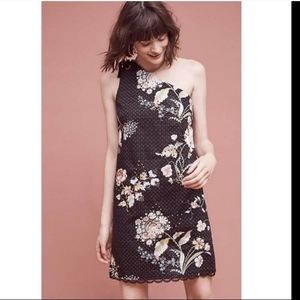 Anthropologie Maeve Black One Shoulder Floral Studded Lace Dress Size 6